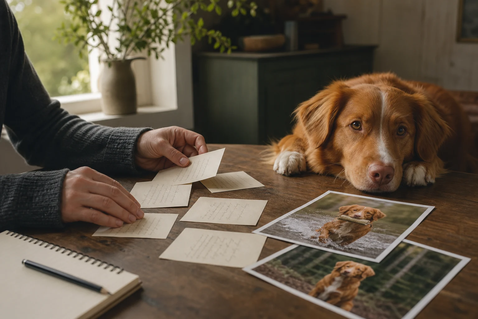 Carnet de notes et retriever observé dehors, illustration éditoriale d'un retour d'expérience
