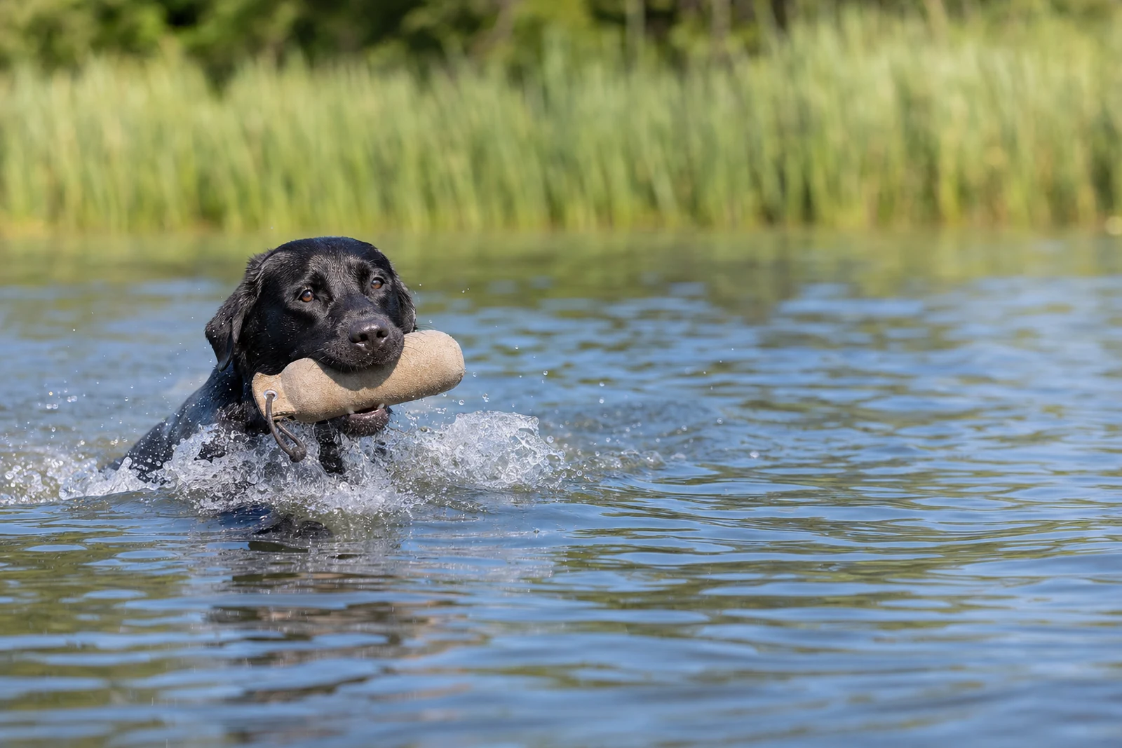 Labrador Retriever noir rapportant un objet dans l'eau, éclaboussures, journée ensoleillée