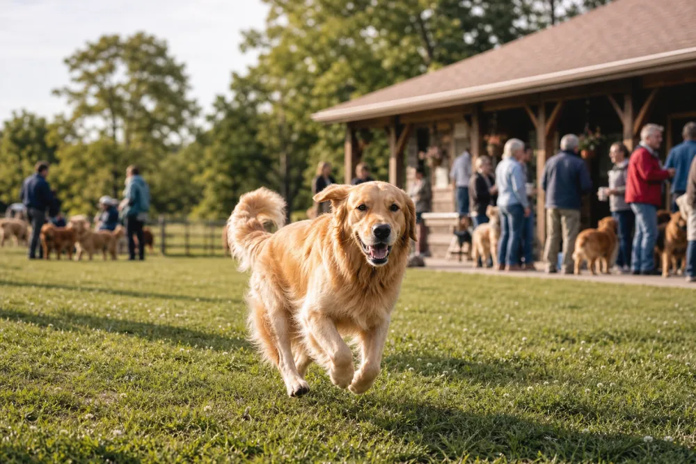 Golden Retriever courant sur une pelouse devant le club house, journée d'été