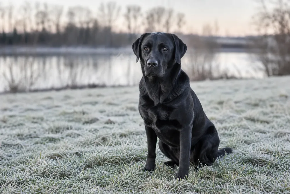 Labrador noir assis sur une pelouse givrée, matin d'hiver