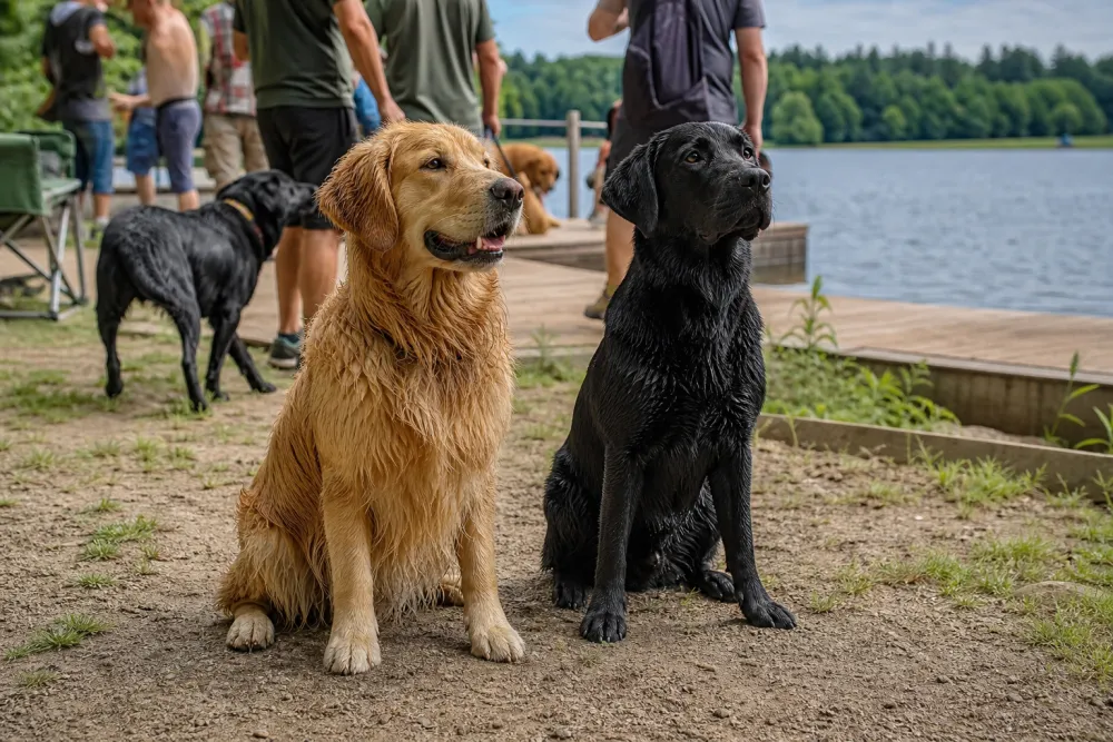 Golden Retriever et Labrador noir assis côte à côte au bord d'un lac, journée à thème