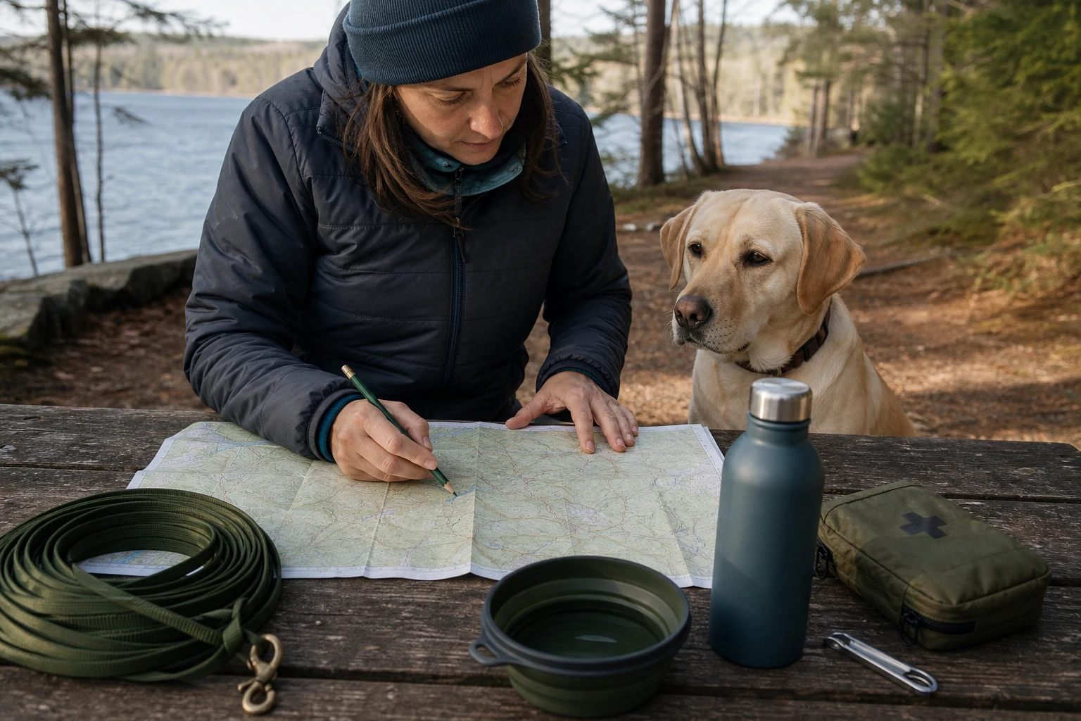 Illustration d’une personne préparant un itinéraire avec un retriever, une longe, de l’eau et une trousse