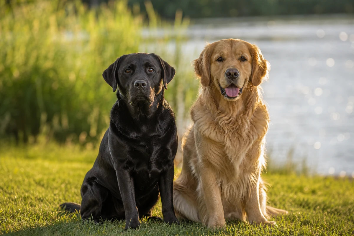 Un Labrador Retriever noir et un Golden Retriever assis côte à côte au bord de l'eau