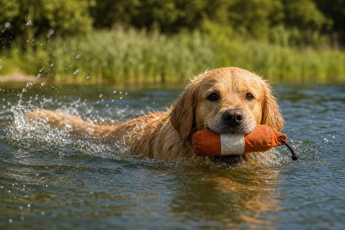 Golden Retriever nageant et rapportant un objet flottant dans l'eau