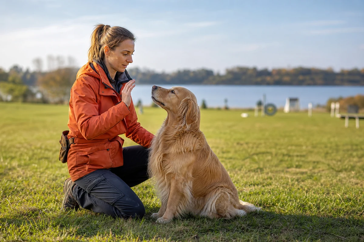 Séance d'éducation canine en extérieur avec un Golden Retriever, dans un champ au bord de l'eau